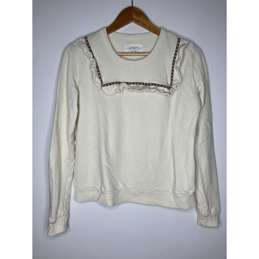 THE GREAT. Ruffle Light Sweater Top Cream Women's Size 0 FLAWED READ